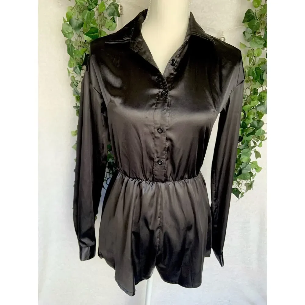 Pretty Little Thing Black Long Sleeve Button up Jumpsuit Women's XS-S - Picture 4 of 11